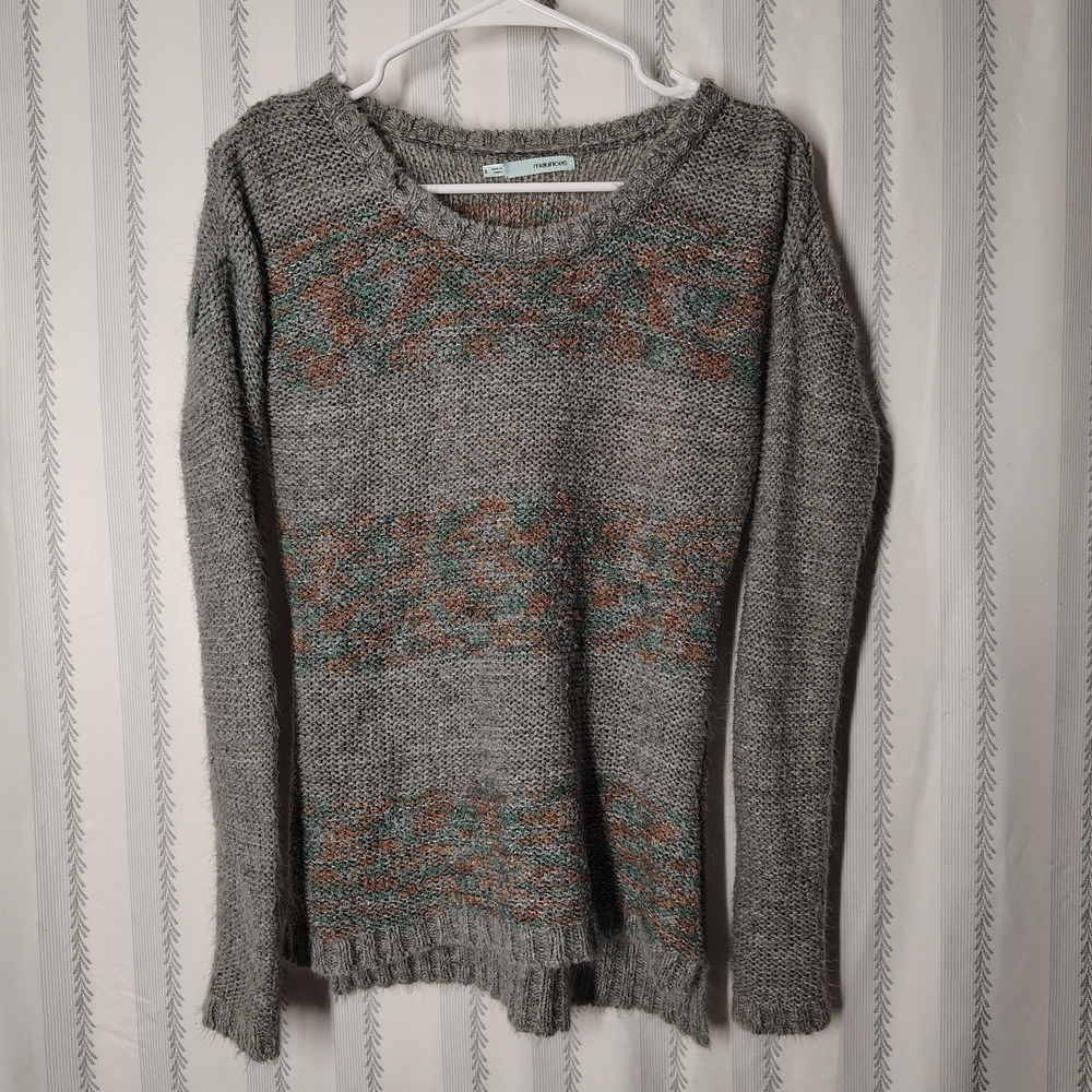 Maurices- Heather Gray Sweater- Size Small -Pink And Teal Stripes